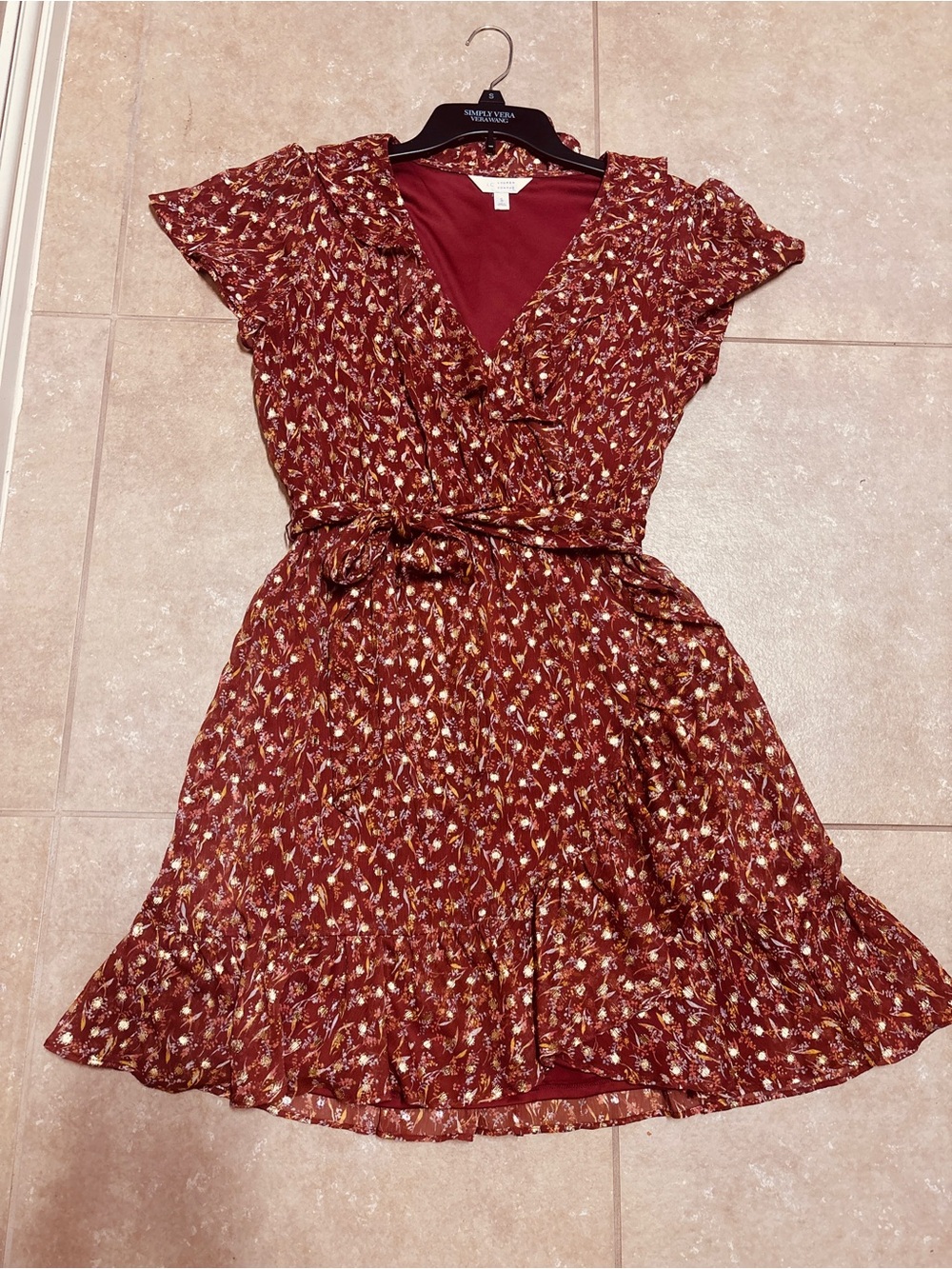 LC Lauren Conrad Burnt Orange Floral Wrap Dress with Tie Waist
